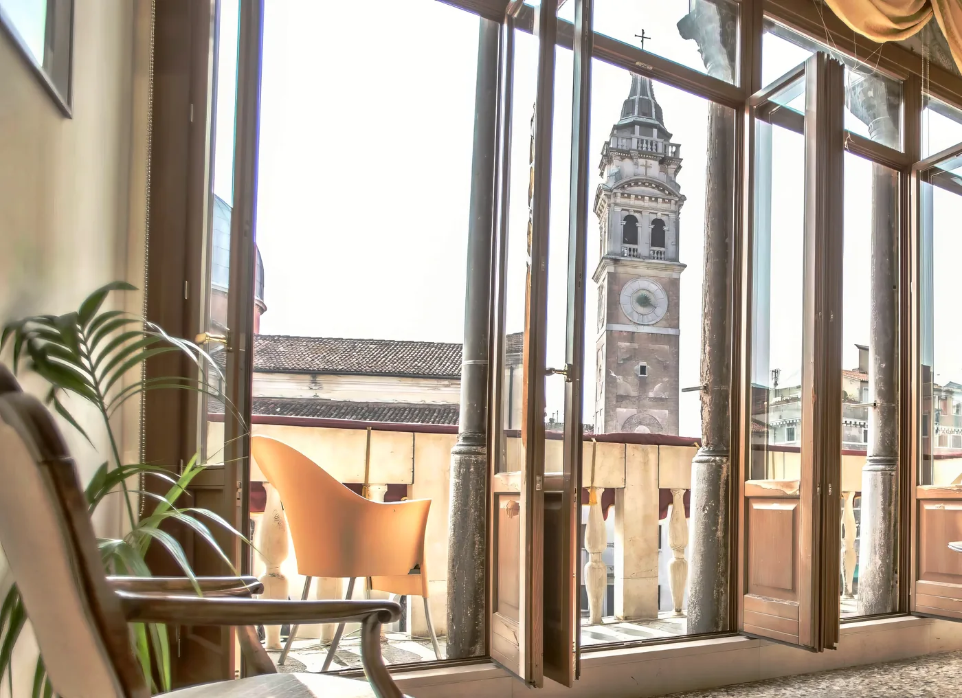 The view of the Santa Maria Formosa bell tower from the noble balcony of Palazzo Vitturi