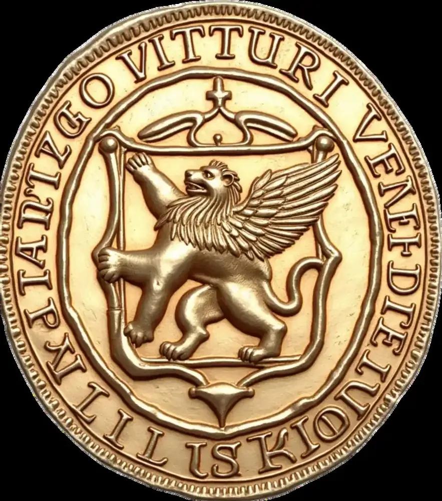 The coin with the lion of St. Mark, historic symbol of Palazzo Vitturi