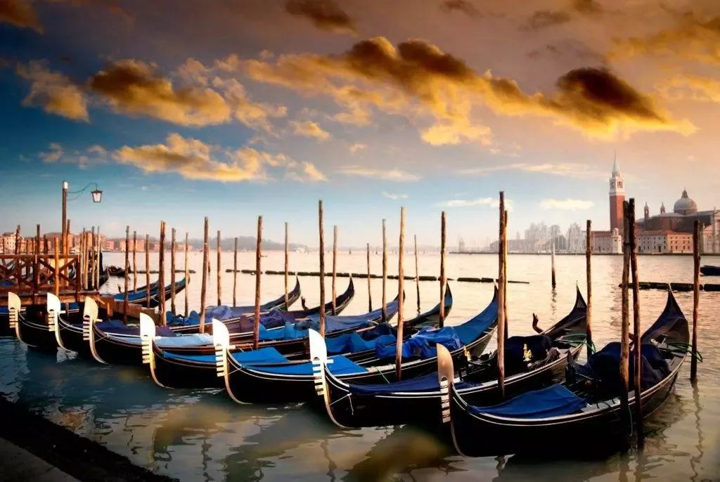 Gondolas at sunset in St. Mark's basin, Venice